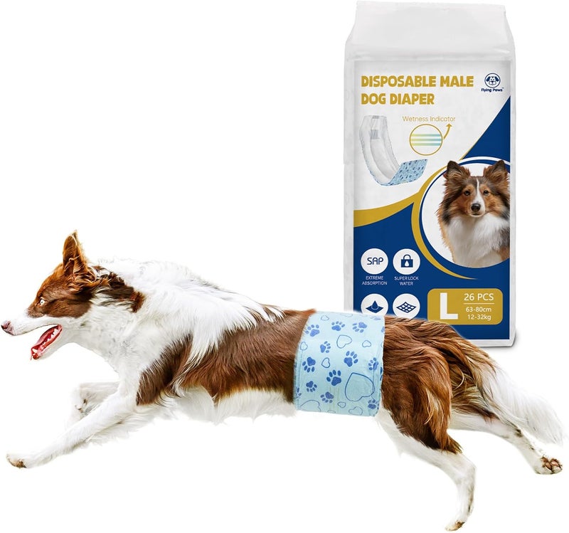 Flying Paws Male Dog Diapers with Wetness Indicator, Disposable Belly Band for Puppy Male Diapers, Doggie Wraps for Puppy Training, Incontinence (L, 26 Count) - Image 1